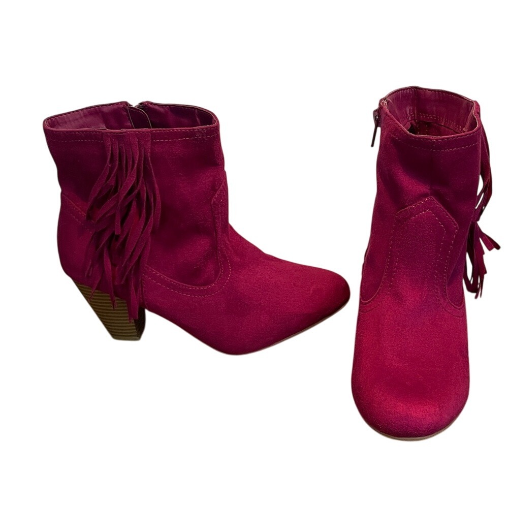 Womens Ankle Boots Western Faux Suede‎ Stacked Heel Fringe Magenta Purple